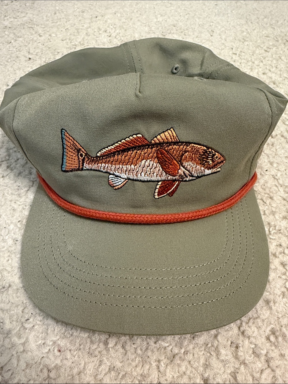 Duck Camp Olive Green Fish Embroidered Cap with Orange Trim
